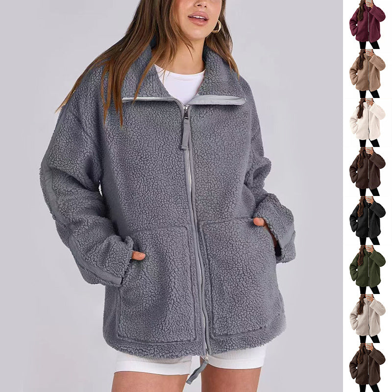 Women’s Winter Lapel Zip-Up Fleece Jacket – Casual Long Sleeve Coat with Pockets