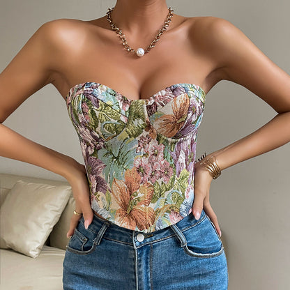 Y2K Floral Tube Crop Top Back-Tied Corset Tank for Women