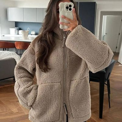 Women’s Winter Lapel Zip-Up Fleece Jacket – Casual Long Sleeve Coat with Pockets