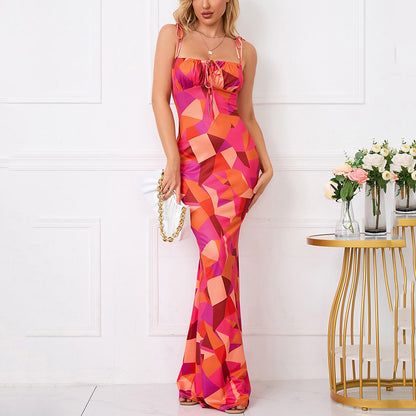 Women’s Floral Ruffle Back Tie Halter Mermaid Maxi Dress