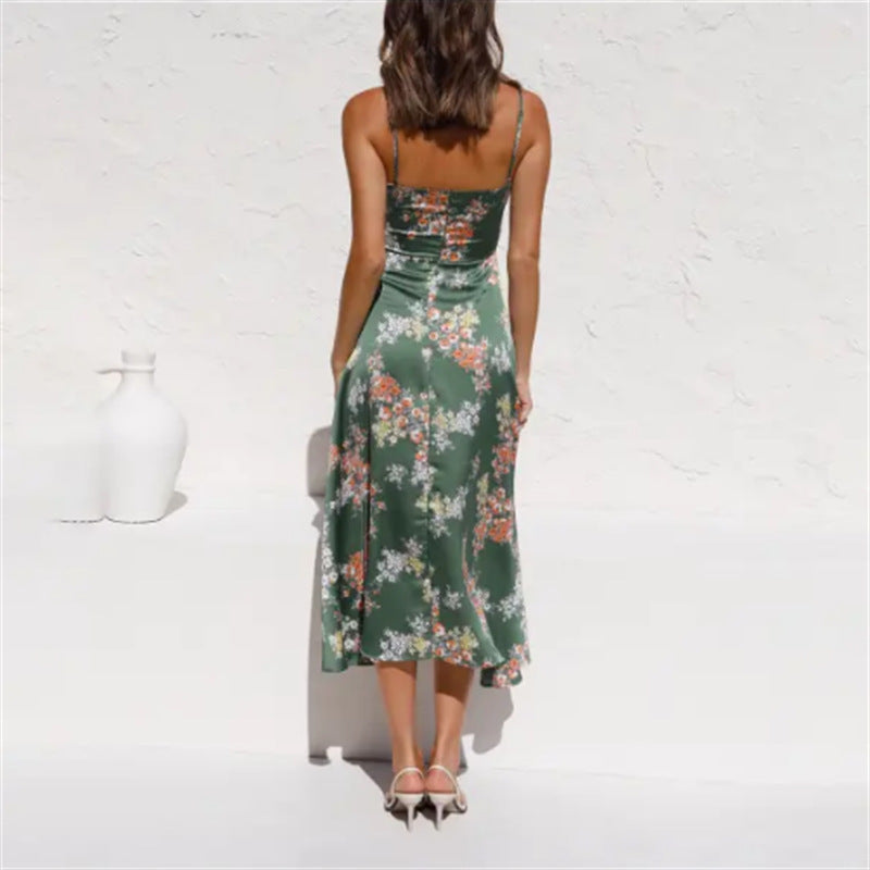 Women’s Floral Print Beach Dress – Hollow Bowknot Split Suspender Summer Dress